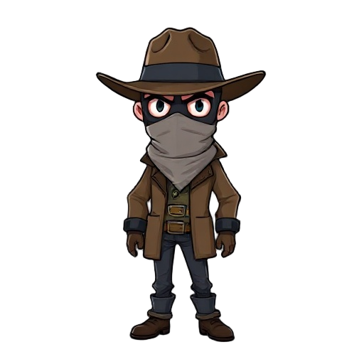a detective with a covered mask akin to a wildwest bandit full body with no iris in the eyes just blank