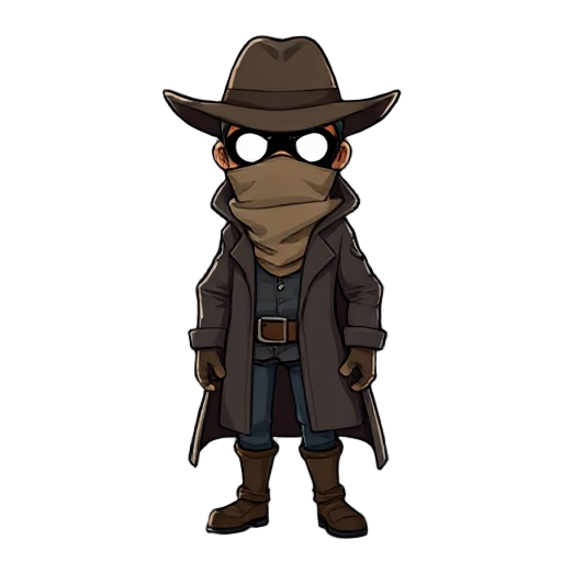 a detective with a covered mask akin to a wildwest bandit full body with no iris in the eyes just blank