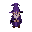 a top down, front shot, wizard with a purple hat, purple cloak and small brown