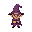 a gameboy style little wizard with a purple hat, purple cloak and small brown