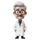 hunched, tall doctor with round glasses (white pixel highlights on lenses). receding gray/white hair at temples. stern face with thin mustache or goatee and pronounced cheekbones. white lab coat to mi
