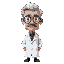 hunched, tall doctor with round glasses (white pixel highlights on lenses). receding gray/white hair at temples. stern face with thin mustache or goatee and pronounced cheekbones. white lab coat to mi