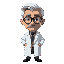 hunched, tall doctor with round glasses (white pixel highlights on lenses). receding gray/white hair at temples. stern face with thin mustache or goatee and pronounced cheekbones. white lab coat to mi