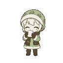 make a small chibi character wearing something wintery and green and drinking tea.