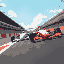 game cover image show showing two simple indy cars at the indy 500 race. low camera angle. cars heading straight towards viewer 