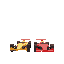 game cover image showing two simple indy cars at the indy 500 race. low camera angle. cars heading straight towards viewer 