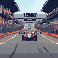 a cartoonised shot of the start to the indy 500 race. low camera angle. cars heading straight towards viewer 