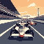 three minimalist indy cars at the indy 500 race. low camera angle. cars heading straight towards viewer 