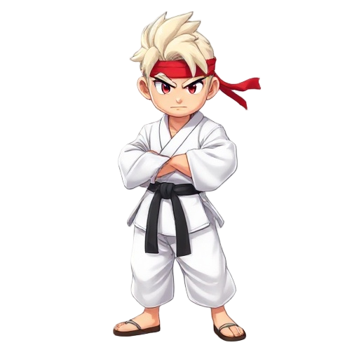 fighting character with white kimono and a black belt, read headband and light hairs