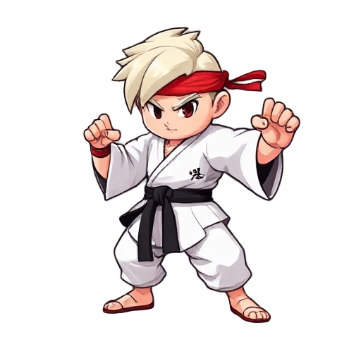 fighting character, white kimono, black belt, red headband, light hair