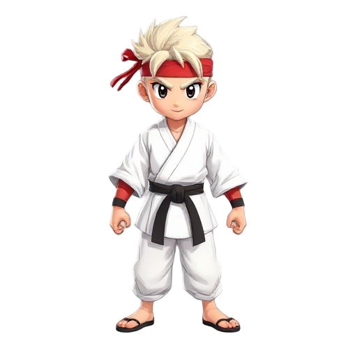 fighting character with white kimono and a black belt, read headband and light hairs 