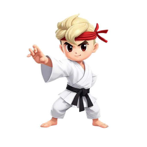 fighting character, white kimono, black belt, red headband, light hair