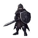 dark fantasy swordsman with a shield and heavy armor