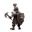 a medieval warrior in a combat stance holding an axe and a shield back view 
