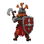 a medieval warrior in a combat stance holding an axe and a shield back view 