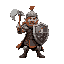 a medieval warrior in a combat stance holding an axe and a shield front view 