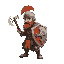 a medieval warrior in a combat stance holding an axe and a shield side view 