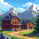 mining town with mountians in the background. a large lodge is there along with shops