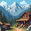 mining town with mountians in the background. a large lodge is there along with shops
