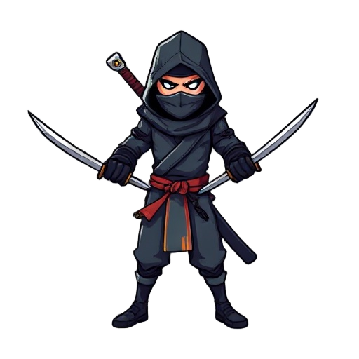 generate a pixel art ninja with a cool menacing standing pose, the proportions needs to be realistic more on the tall side, not chibi, and with 2 swords and a big shuriken