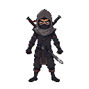 generate a pixel art ninja with a cool menacing standing pose, the proportions needs to be realistic more on the tall side, not chibi, and with 2 swords and a big shuriken