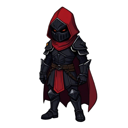 um cavaleiro de armadura negra, com detalhes vermelhos, uma capa vermelha rasgada, no estilo dark souls 16 bit