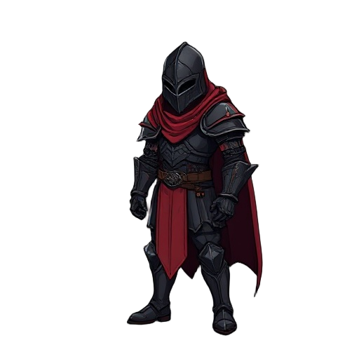 um cavaleiro de armadura negra, com detalhes vermelhos, uma capa vermelha rasgada, no estilo dark souls 