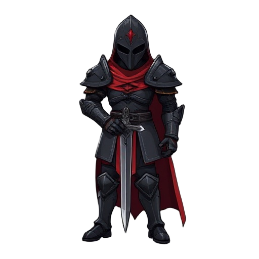 um cavaleiro de armadura negra, com detalhes vermelhos, uma capa vermelha rasgada e e espada nas costas, no estilo dark souls 
