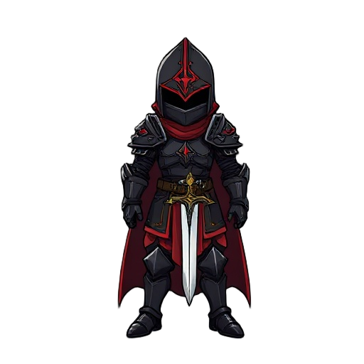um cavaleiro de armadura negra, com detalhes vermelhos, uma capa vermelha rasgada e e espada nas costas, no estilo dark souls 