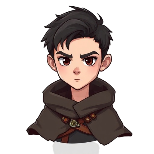 face & hair  keep the same hairstyle: short, dark, slightly tousled.  the face is youthful, pale, and solemn.  the eyes should remain narrow and serious.  clothing  cloak  long, ragged cloak with jagg