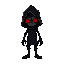 a ghoul character, all in black with just red eyes glowing in the dark. ghoul should be sad and depressed