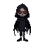 a ghoul character, all in black with just red eyes glowing in the dark. ghoul should be sad and depressed