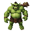 a colossal goblin, with rough green skin, enormous muscles, and a protruding belly, is shirtless and wears torn shorts. he has an eyepatch and a mask over his mouth and nose. he wields a thorny tree trunk as a weapon, looking fierce, ready to crush his en
