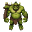 a colossal goblin with rough green skin, huge muscles and a round belly stands shirtless, wearing a torn loincloth, eyepatch and mask over mouth and nose. he grips a massive spiked tree trunk, glaring fiercely, ready to crush enemies with brutal strength 