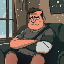 large tired man on a dark green sofa, serious gaze. wears a korn t-shirt, right arm sling, and has a stitched scar on his forehead. snowing outside the window.