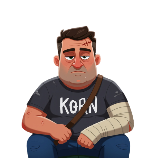 large tired man on a dark green sofa, serious gaze. wears a korn t-shirt, right arm sling, and has a stitched scar on his forehead. snowing outside the window.