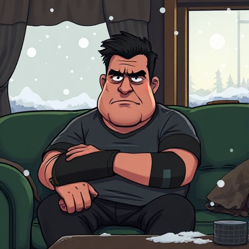 large tired man on a dark green sofa, serious gaze. wears a korn t-shirt, right arm sling, and has a stitched scar on his forehead. snowing outside the window.