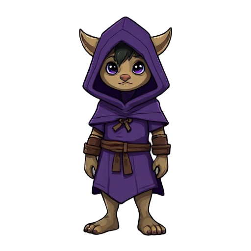 purple hoodie and purple tunic ewoklike creature (no face just eyes). like a shoadow wearing a cloack