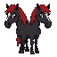 a dark horse with two heads. the hair of the horse is red