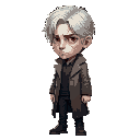 2d cartoon character design. the character is 17-18 years old, white hair like leon from resident evil, red eyes, white skin, facial scars, no beard, slightly taller than average, wearing a coat like