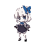 a girl with white hair, a katana in each hand, a blue bow in her hair, japanese school uniform