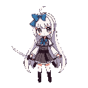 a girl with white hair, a katana in each hand, a blue bow in her hair, japanese school uniform