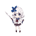 a girl with white hair, a wakizashi in each hand, a blue bow in her hair, japanese school uniform
