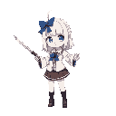 a girl with white hair, a wakizashi in each hand, a blue bow in her hair, japanese school uniform, proportional body, big busto
