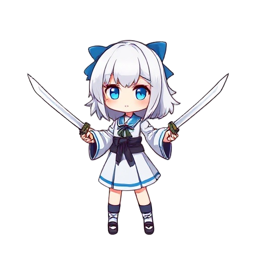 a girl with white hair, a katana in each hand, a blue bow in her hair, japanese school uniform