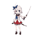 a girl with white hair, a wakizashi in right hand and whip on the lef, a blue bow in her hair, japanese school uniform, proportional body, big busto