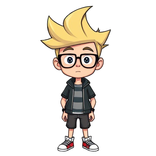  a nerd with big hair with blonde tips and skinny glasses