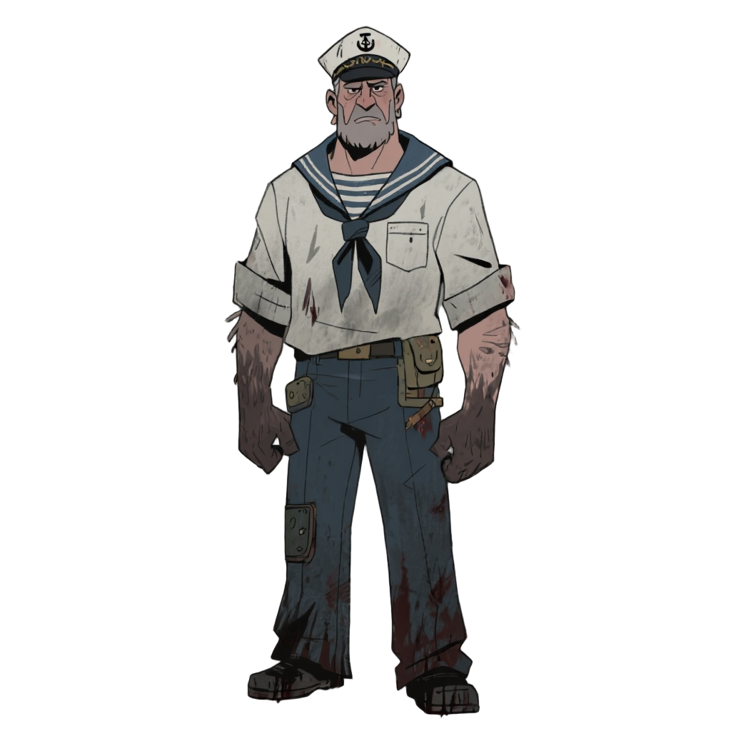 40 years old sailor for horror game, realistic-stylized, desaturated colors, grizzly, hatches and sketchs, 