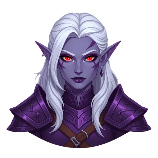 dark elf warrior, red eyes and dark purple armor, metallic, white hair
