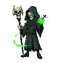 2d necromancer in tattered robes with a skull staff, green energy swirling from hands, hood obscuring the face, dominant stance, transparent background.